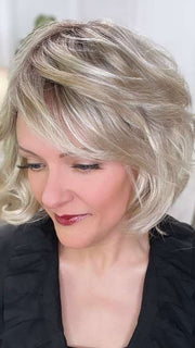 Marcie Mertz @wig.obsessed wearing MARSHA by ENVY BY ALAN EATON in color SILKY BEIGE | Light Platinum Blonde with Dark Brown Roots