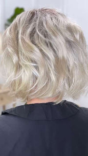 Marcie Mertz @wig.obsessed wearing MARSHA by ENVY BY ALAN EATON in color SILKY BEIGE | Light Platinum Blonde with Dark Brown Roots