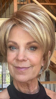 Susan @an_affair_with_hair wearing SKY by NORIKO in color NUTMEG F | Medium Blonde and Honey Brown Base Frosted with Platinum Blonde Highlights