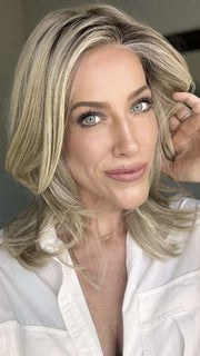 Kristyna Moore @kristynamoore wearing DREW by JON RENAU in color 22F16S8 VENICE BLONDE | Light Ash Blonde and Light Natural Blonde Blend Shaded with Medium Brown