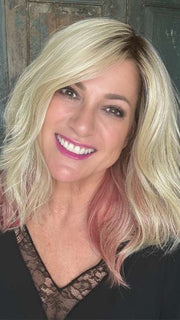 Susan Cooke @wigs_with_wisdom wearing TABU by ELLEN WILLE in color ROSE BLONDE ROOTED | Medium Dark Brown Roots that melt into a Pale Golden Blonde with a Mixture of Pink Tones Underneath with Dark Roots