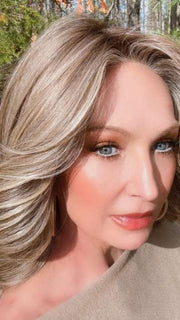 Kim Hammon @letstalkwithkim wearing FLIP THE SCRIPT by  RAQUEL WELCH in RL12/22SS SHADED CAPPUCCINO | Light Golden Brown Evenly Blended with Cool Platinum Blonde Highlights with Dark Roots
