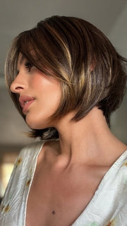 Roxie wearing MAGGIE by RENE OF PARIS in MARBLE BROWN R| Medium Brown Evenly Blended with Light Honey Brown