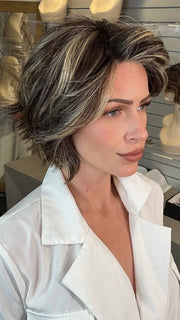 Madeline wearing MARNI by BELLETRESS in CHOCOLATE BUTTERCREAM R | Medium and Dark Brown Rooted with a Blend of Medium Brown and Dark Blonde