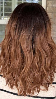 Kristyna Moore @kristynamoore wearing BALAYAGE BEAUTY by RAQUEL WELCH IN RL2/31OM OMBRE CINNAMON  | Black blend from the roots to midlength that transition into a medium light auburn ombré from midlength to the ends