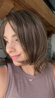 Danielle @wighair_dontcare wearing CAMERON LITE PETITE by JON RENAU in 8RH14 MOUSSE CAKE | Medium Brown with 33% Medium Natural Blonde Highlights