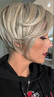 Nichole wearing ALETTA by ELLEN WILLE in IVORY-BLONDE-SHADED 101.16.14 | Medium Ash Blonde and Medium Blonde blend with Pearl Platinum and Shaded Roots