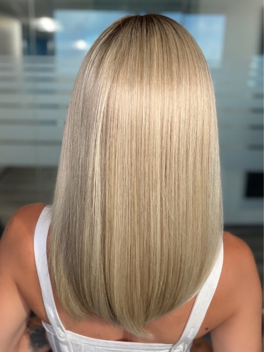Roxie wearing SLONE by RENE OF PARIS in BUTTERCREAM BLONDE R | Light Ash Blonde, Medium Honey Blonde, and Pale Gold Hues blended