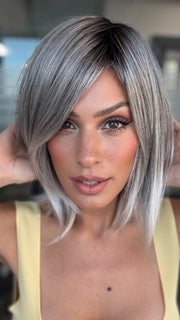 Roxie is wearing JUBILANT by GABOR in GL44-66SS SUGARED NICKEL | Deep charcoal base blends into multi-dimensional tones of medium grey with steely white highlights