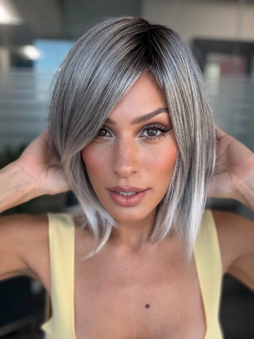 Roxie is wearing JUBILANT by GABOR in GL44-66SS SUGARED NICKEL | Deep charcoal base blends into multi-dimensional tones of medium grey with steely white highlights