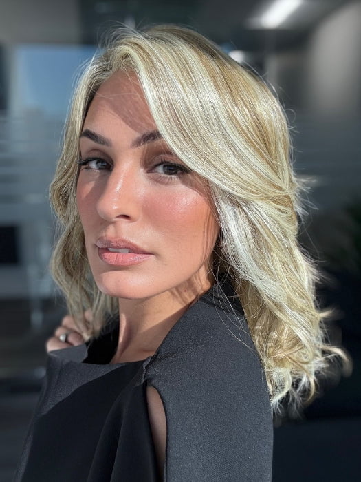 ROXIE wearing wearing DAZZLING WAVEZ by RENE OF PARIS in CREAMY TOFFEE | Dark Blonde Evenly Blended with Light Platinum Blonde and Light Honey Blonde