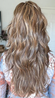Sandy wearing GAIA by BELLETRESS in JAMOCA-ALMOND-FUDGE-R | Deep mocha brown blended with subtle golden almond undertones and fudge-like highlights to create a rich brunette hue