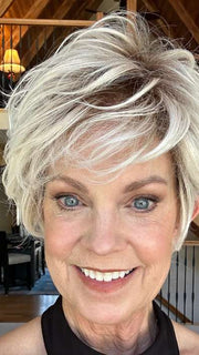 Sparky @an_affair_with_hair wearing COVER by ELLEN WILLE in color PLATIN BLONDE ROOTED 1001.101 | Winter White with Pearl Platinum Blend and Shaded Roots
