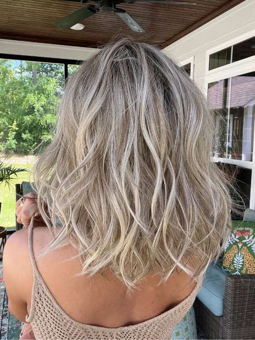 Jenna Fail @jenna_fail wearing PEERLESS 14 by BELLETRESS in color ROOTBEER FLOAT BLONDE | A Blend of Light Pearl Blonde, Ash Blonde, Beige Blonde, Champagne Blonde, and Platinum Blonde with a Light and Medium Brown Root