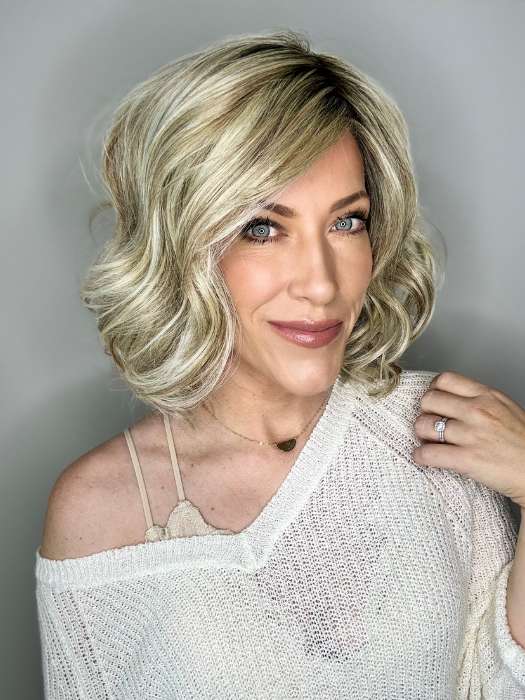 Kristyna Moore @kristynamoore wearing DIRECTOR'S PICK by RAQUEL WELCH WIGS in color RL19/23SS SHADED BISCUIT | Light Ash Blonde Evenly Blended with Cool Platinum Blonde with Dark Roots (inside lighting)