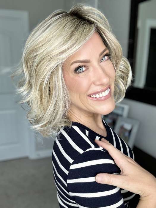 Kristyna Moore @kristynamoore wearing DIRECTOR'S PICK by RAQUEL WELCH WIGS in color RL19/23SS SHADED BISCUIT | Light Ash Blonde Evenly Blended with Cool Platinum Blonde with Dark Roots (window lighting)