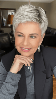 Donna @style.me.ageless wearing RISK by ELLEN WILLE in color LIGHT CHAMPAGNE ROOTED | Pearl Platinum and Light Golden Blonde Blend with Medium Brown Roots