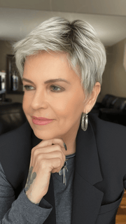 Donna @style.me.ageless wearing RISK by ELLEN WILLE in color LIGHT CHAMPAGNE ROOTED | Pearl Platinum and Light Golden Blonde Blend with Medium Brown Roots