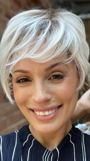 Roxie @thelovelyroxx wearing COVER by ELLEN WILLE in color PLATIN BLONDE ROOTED 1001.101 | Winter White with Pearl Platinum Blend and Shaded Roots