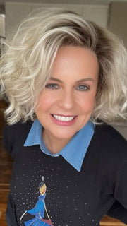 Donna @style.me.ageless wearing MOVIE STAR by ELLEN WILLE in color CHAMPAGNE ROOTED 23.24.16 | Light Beige Blonde, Medium Honey Blonde, and Platinum Blonde blend with Dark Roots