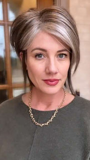 Jenny B. @thewiggygirl wearing REESE by NORIKO in color SANDY SILVER | Medium Brown Transitionally Blending to Silver and Dramatic Silver Bangs