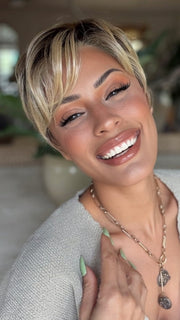Roxie wearing CELINE by JON RENAU in 12FS8 SHADED PRALINE | Light Gold Brown, Light Natural Gold Blonde & Pale Natural Gold-Blonde Blend, Shaded with Medium Brown