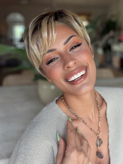 Roxie wearing CELINE by JON RENAU in 12FS8 SHADED PRALINE | Light Gold Brown, Light Natural Gold Blonde & Pale Natural Gold-Blonde Blend, Shaded with Medium Brown