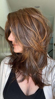 Jenny B @thewiggygirl in color  MOCHA MAPLE BROWN | A mix of Dark Brown, Medium Brown, Light Auburn, Medium Strawberry