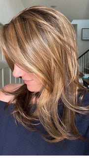 Jenny B. @thewiggygirl wearing BELINDA by ENVY BY ALAN EATON in color TOASTED SESAME | Medium Brown roots with overall Warm Cinnamon base and Golden Blonde highlights