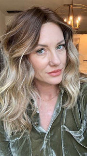 Jenny B. @thewiggygirl wearing BALAYAGE BEAUTY by RAQUEL WELCH WIGS in color RL8/24OM | Medium brown blended roots that transition into a golden blonde ombré from midlength to the ends