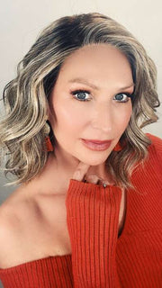 Kim @letstalkwithkim wearing SIMMER by RAQUEL WELCH WIGS in color RL12/22SS SHADED CAPPUCCINO | Light Golden Brown Evenly Blended with Cool Platinum Blonde Highlights with Dark Roots