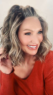 Kim @letstalkwithkim wearing SIMMER by RAQUEL WELCH WIGS in color RL12/22SS SHADED CAPPUCCINO | Light Golden Brown Evenly Blended with Cool Platinum Blonde Highlights with Dark Roots | styled with a clip