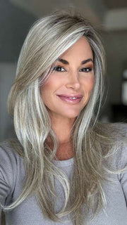 Katy C. @thewigeducator wearing MIRAGE by ELLEN WILLE in color CHAMPAGNE-ROOTED 24.25.20 | Light Beige Blonde, Medium Honey Blonde, and Platinum Blonde Blend with Dark Roots