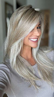 Katy C. @thewigeducator wearing MIRAGE by ELLEN WILLE in color CHAMPAGNE-ROOTED 24.25.20 | Light Beige Blonde, Medium Honey Blonde, and Platinum Blonde Blend with Dark Roots