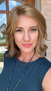 Jenny B. @thewiggygirl wearing CLARA by RENE OF PARIS in color GOLDEN-TRUFFLE-BLOND | Champagne Blond with hints of Pale Cream and Shimmering Gold Highlights
