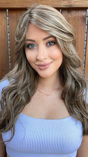 Steph @wigswithsteph wearing LYNDON by RENE OF PARIS in color CASHMERE-BROWN-SR | Slightly Rooted Medium Beige Brown base with woven Velvet Blonde Highlights
