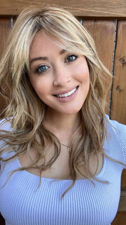Steph @wigswithsteph wearing CALIFORNIA BEACH WAVES by TRESSALLURE in color 14/26/R10 | Red Blonde with Gold Blonde highlights and Light Brown roots