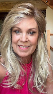 Susan @an_affair_with_hair wearing ARROW by ELLEN WILLE in color CHAMPAGNE ROOTED | Light Beige Blonde, Medium Honey Blonde, and Platinum Blonde blend with Dark Roots