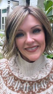 Marcie @wig.obsessed wearing ESPRIT by ELLEN WILLE in color BERNSTEIN-ROOTED 12.26.19 | Light Brown Base with subtle Light Honey Blonde and Light Butterscotch Blonde Highlights and Dark Roots