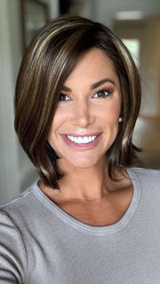 Katy C. @thewigeducator wearing JAMISON by ESTETICA in color CKISSRT4 | Golden Brown with Copper Blonde Highlights and Dark Brown Roots