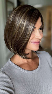 Katy C. @thewigeducator wearing JAMISON by ESTETICA in color CKISSRT4 | Golden Brown with Copper Blonde Highlights and Dark Brown Roots