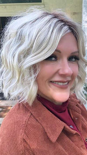 Marcie @wig.obsessed wearing HAVEN by ESTETICA in color SUNLIT-BLONDE | Soft Blend of Sandy Blonde, Lightest Blonde and Iced Blonde with a Light Golden Brown Root | outside lighting