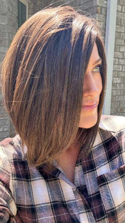 Kristyna @kristynamoore wearing CURRENT EVENTS by RAQUEL WELCH WIGS in color RL8/12SS ICED MOCHA | Medium Brown shaded with Dark Blonde