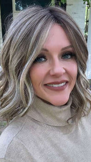Marcie @wig.obsessed wearing WAVY DAY by RAQUEL WELCH WIGS in color RL12/22SS SHADED CAPPUCCINO | Light Golden Brown Evenly Blended with Cool Platinum Blonde Highlights with Dark Roots