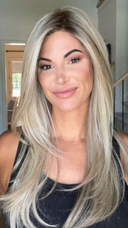 Katy C. @thewigeducator wearing MESMERIZED by RAQUEL WELCH WIGS in color RL19/23SS SHADED BISCUIT | Light Ash Blonde Evenly Blended with Cool Platinum Blonde with Dark Roots | natural sunlight