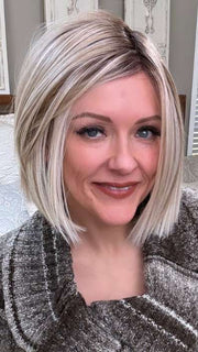 Marcie @wig.obsessed wearing LIA II by ELLEN WILLE in color PEARL BLONDE ROOTED 101.24.20 | Pearl Platinum, Lightest Ash Blonde and Light Strawberry Blonde Blend with Dark Shaded Roots
