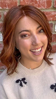 Jen Brown @being_mrs_brown wearing SIMMER by RAQUEL WELCH WIGS in color RL32/31 CINNABAR | Medium Dark Auburn Evenly Blended with Medium Light Auburn

