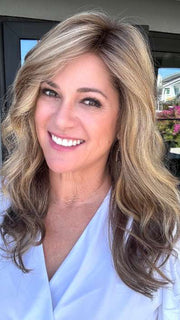 Susan Cooke @wigs_with_wisdom wearing ARROW by ELLEN WILLE in color LIGHT BERNSTEIN ROOTED | Light Auburn, Light Honey Blonde, and Light Reddish Brown blend and Dark Roots
