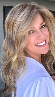 Susan Cooke @wigs_with_wisdom wearing ARROW by ELLEN WILLE in color LIGHT BERNSTEIN ROOTED | Light Auburn, Light Honey Blonde, and Light Reddish Brown blend and Dark Roots
