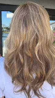Susan Cooke @wigs_with_wisdom wearing ARROW by ELLEN WILLE in color LIGHT BERNSTEIN ROOTED | Light Auburn, Light Honey Blonde, and Light Reddish Brown blend and Dark Roots
